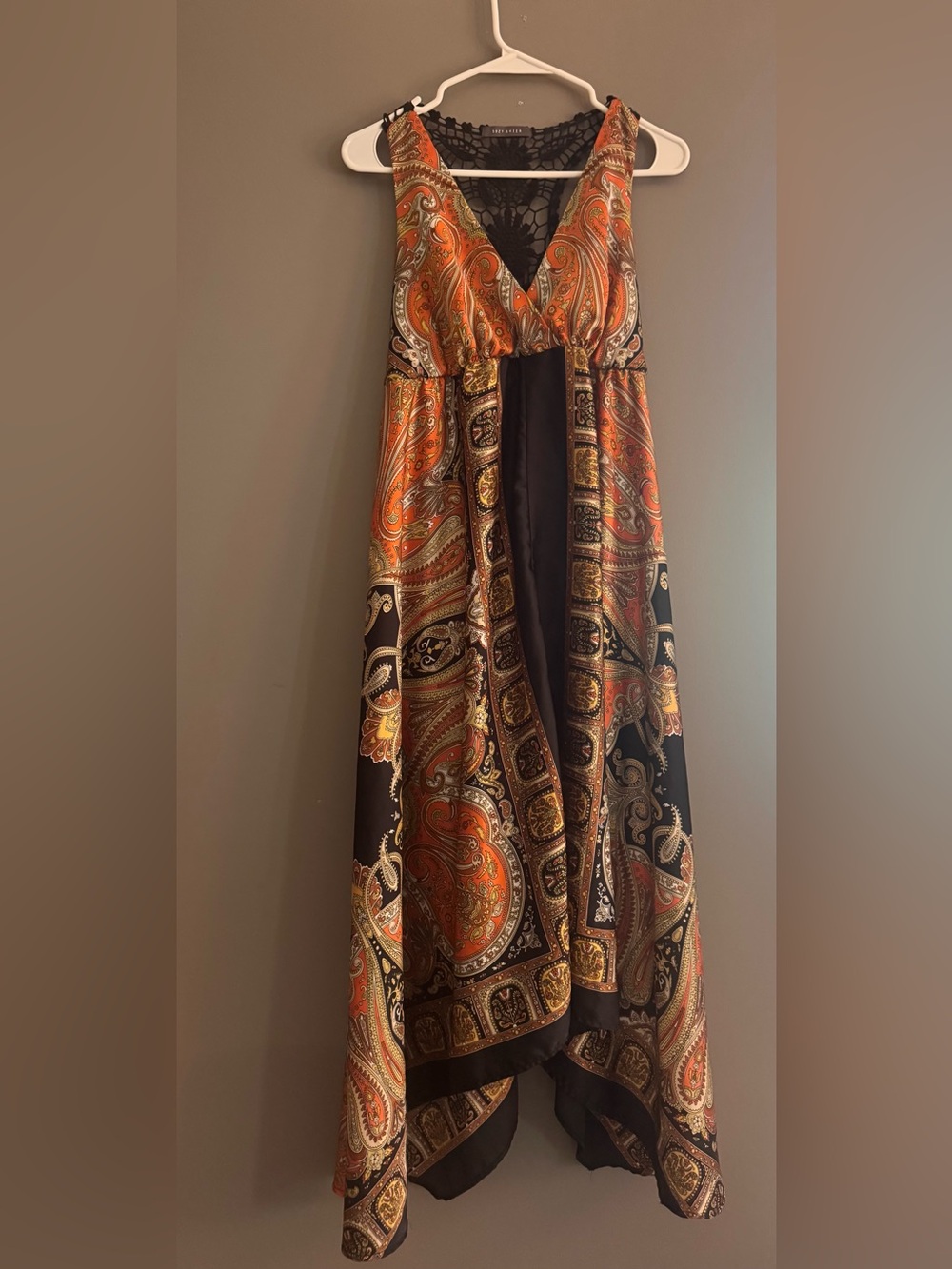 Suzy Shier Burnt Orange and Black Paisley High-Low Maxi Dress